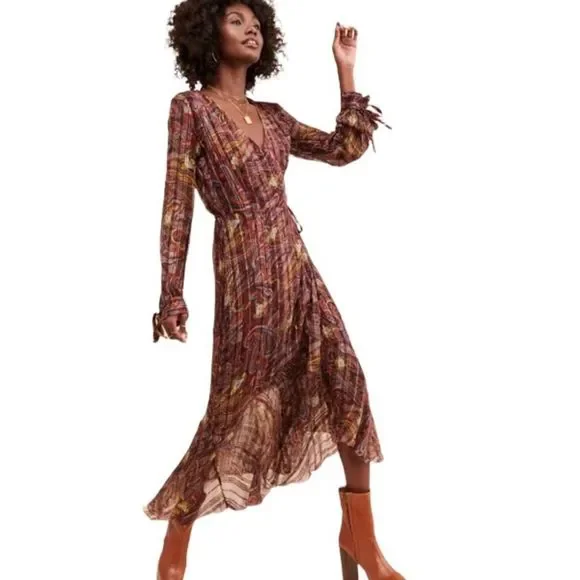 Anthropologie Love Sam Moroccan Paisley Wrap Dress V Neck Long Sleeve Size Small - Picture 1 of 15